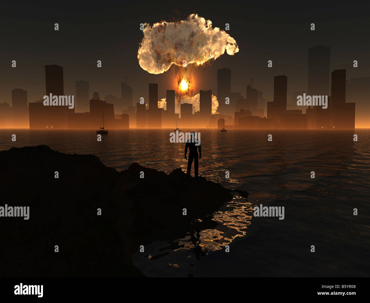 Eine Atombombe explodieren In einer Stadt, eines Raketenangriffs oder eine terroristische Bombe Stockfoto