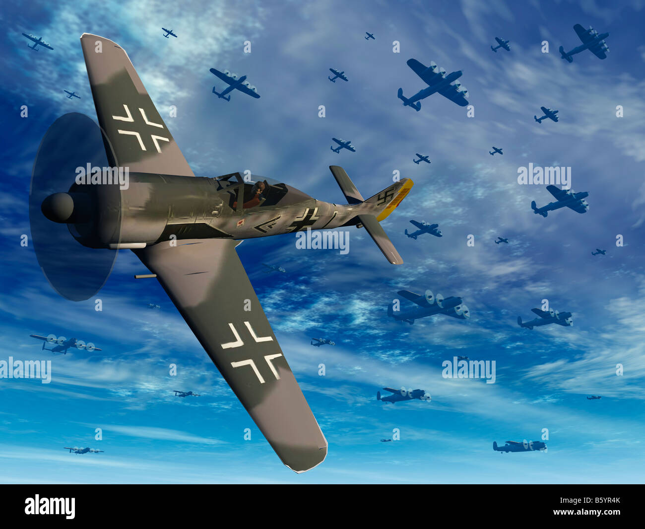 Deutsche WW2 Fokke Wolf 190 Kampfflugzeuge Angriff auf britische Lancaster-Bomber Stockfoto