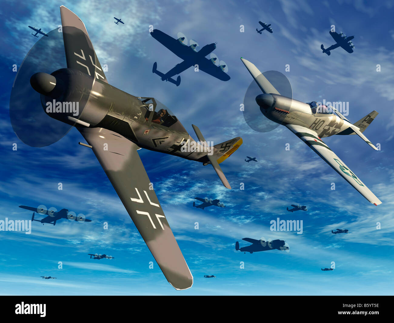 Eine amerikanische P 51 Mustang am Heck von A Deutsch Fokke Wolf 190 als britische Lancaster-Bomber fliegen Overhead Stockfoto