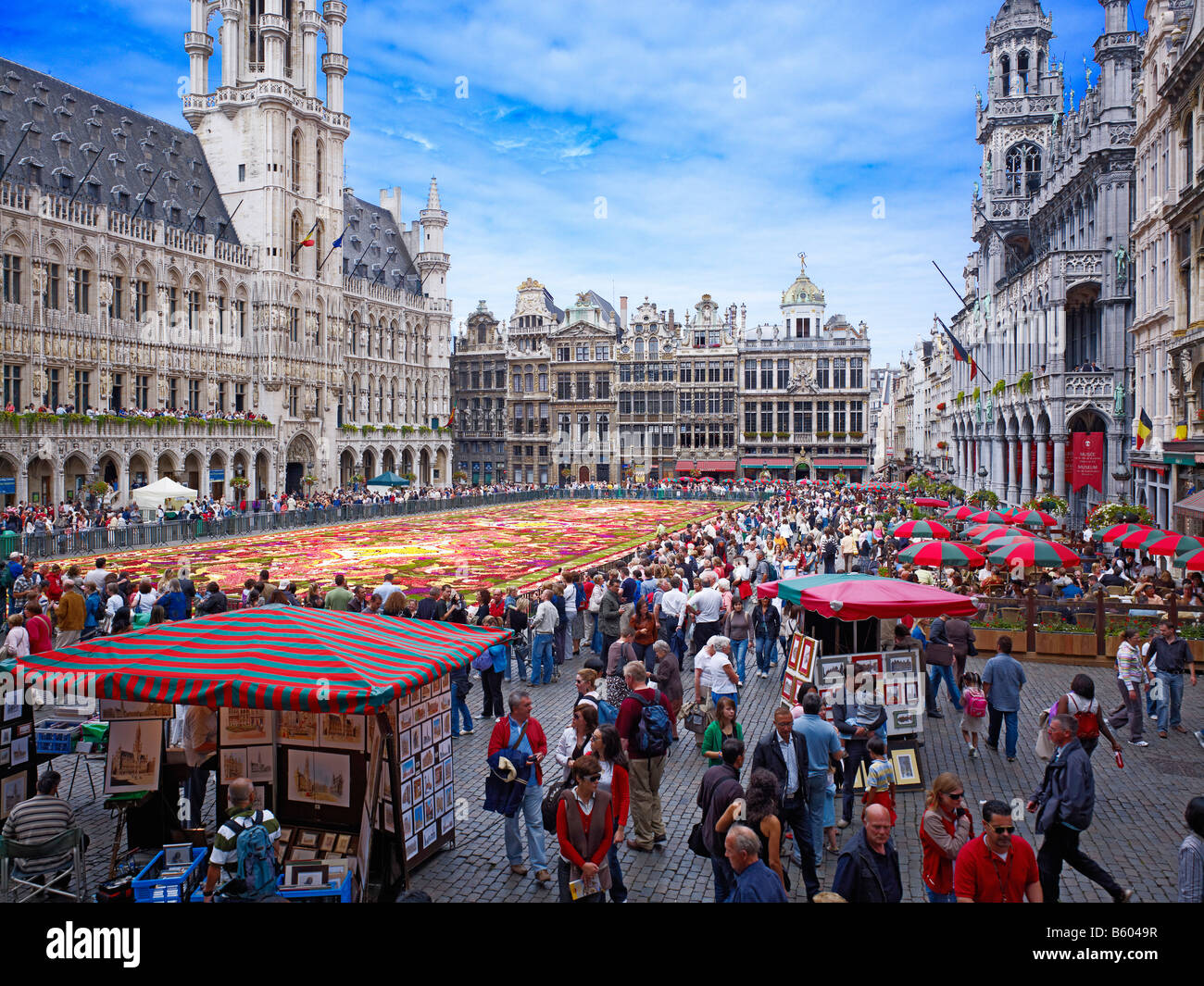 Blumenteppich und Rathaus am Grand Place Brüssel, Brabant, Belgien, Europa Stockfoto