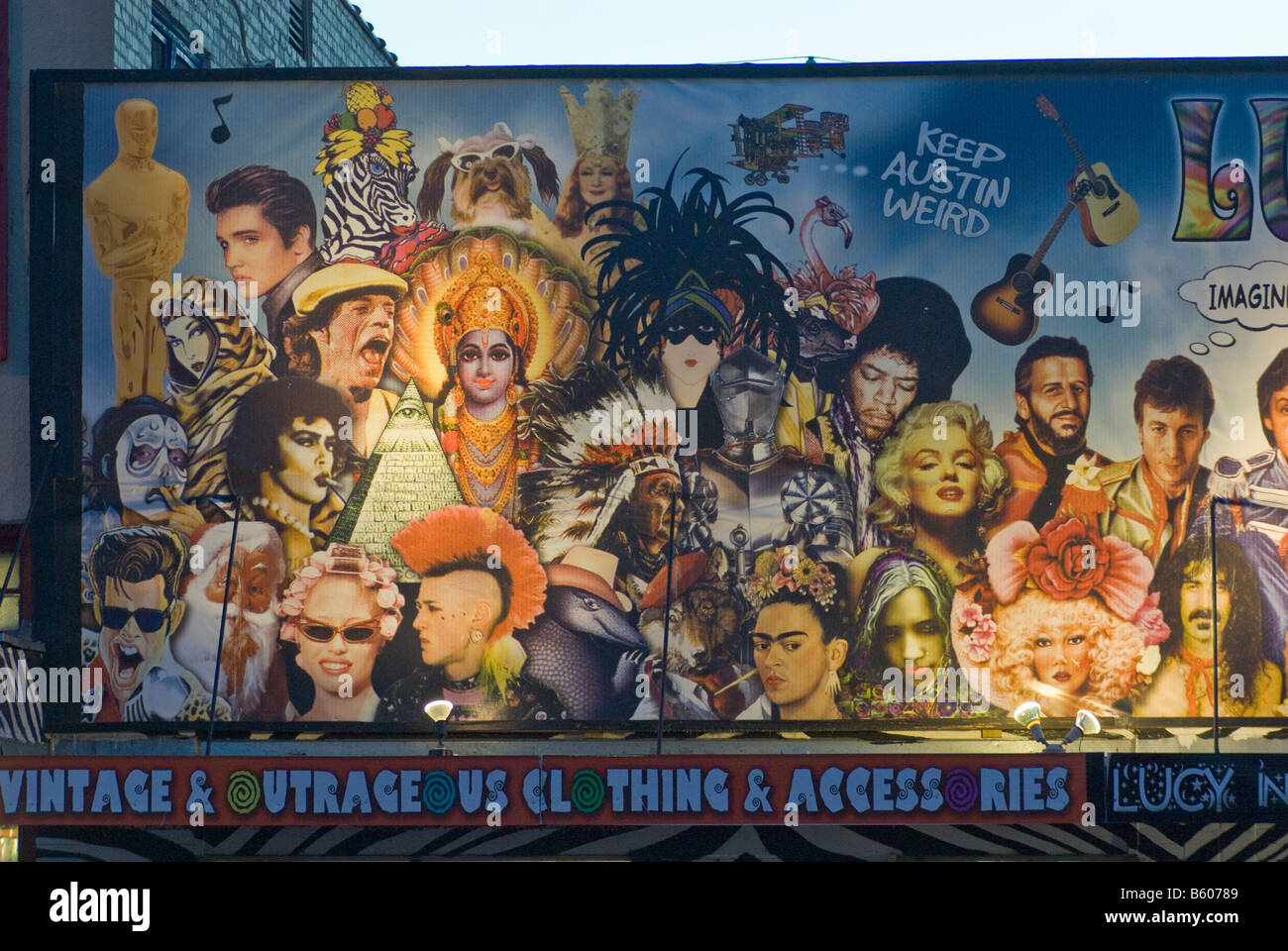 Wandbild bei Lucy in Disguise-Kostüm Verleih speichern im SoCo-Viertel am S Congress Avenue in Austin Texas USA Stockfoto