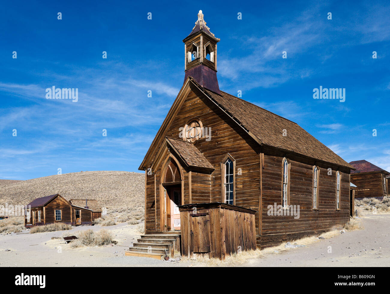 Evangelisch-methodistische Kirche, Green Street 19 Goldbergbau Geisterstadt Bodie in der Nähe von Bridgeport, Sierra Nevada Mountains, Kalifornien Stockfoto
