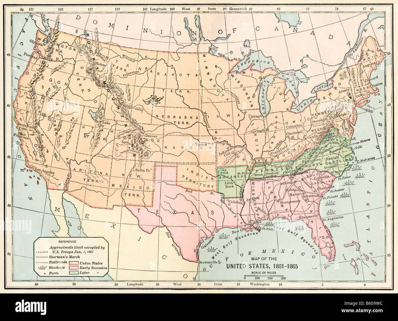 Karte der Vereinigten Staaten während des Bürgerkriegs 1861 bis 1865. Farblithographie Stockfoto