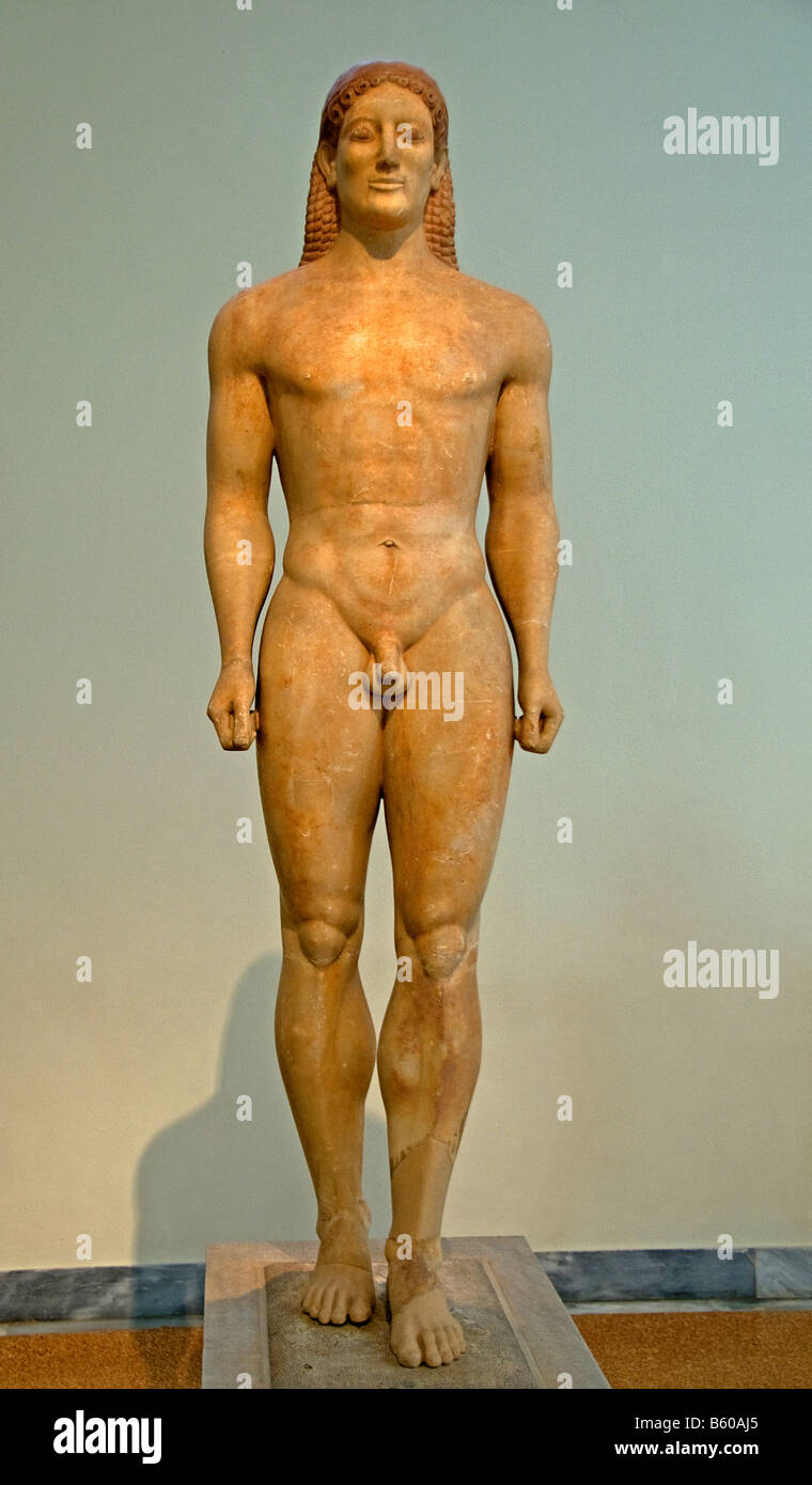Statue eines Kouros parischen Anavyssos Attika Muskulatur Grabes Kroisos Ares Griechisch Griechenland Museum Stockfoto