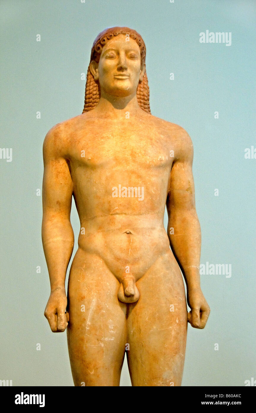 Statue eines Kouros parischen Anavyssos Attika Muskulatur Grabes Kroisos Ares Griechisch Griechenland Museum Stockfoto