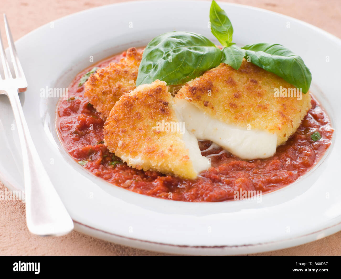 Gebratene panierte Mozzarella-Käse mit Tomaten-Ragout Stockfoto