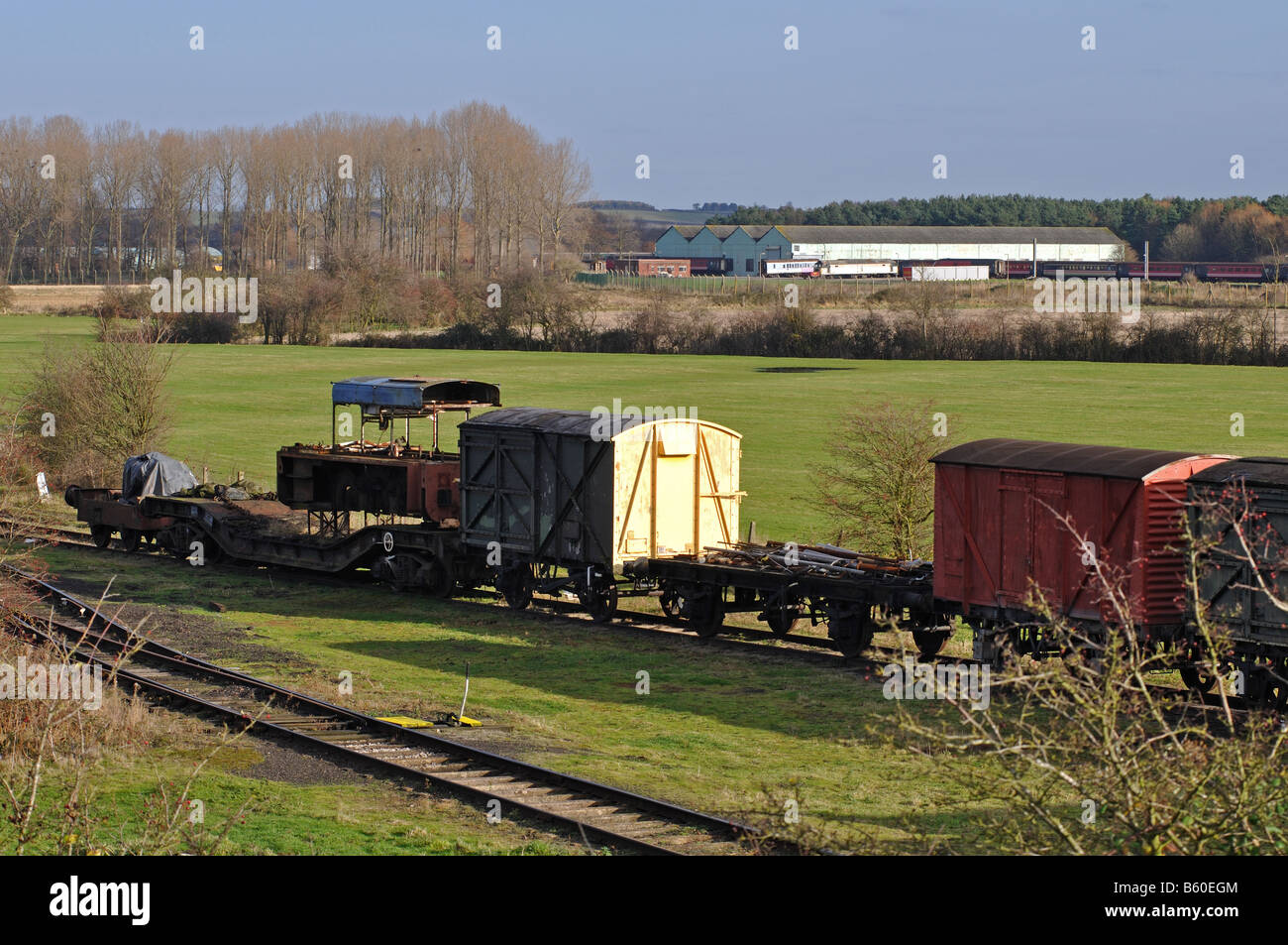 Rollenden Eisenbahnmaterials gespeichert im ehemaligen Armee-Camp Long Marston Warwickshire England UK Stockfoto