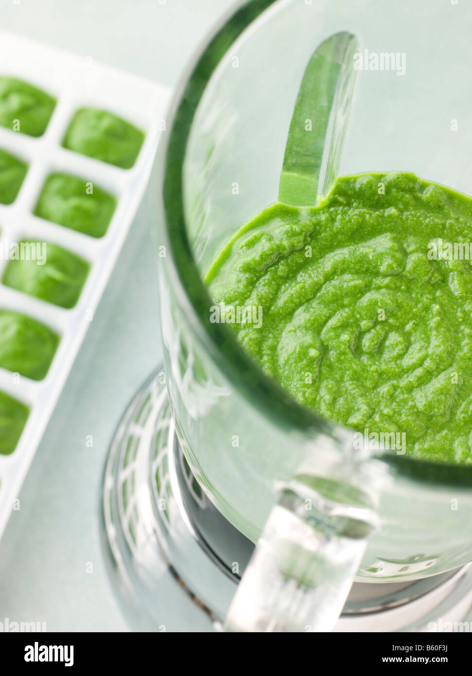Brokkoli und Spinat baby Nahrung in einem Mixer pürieren Stockfoto