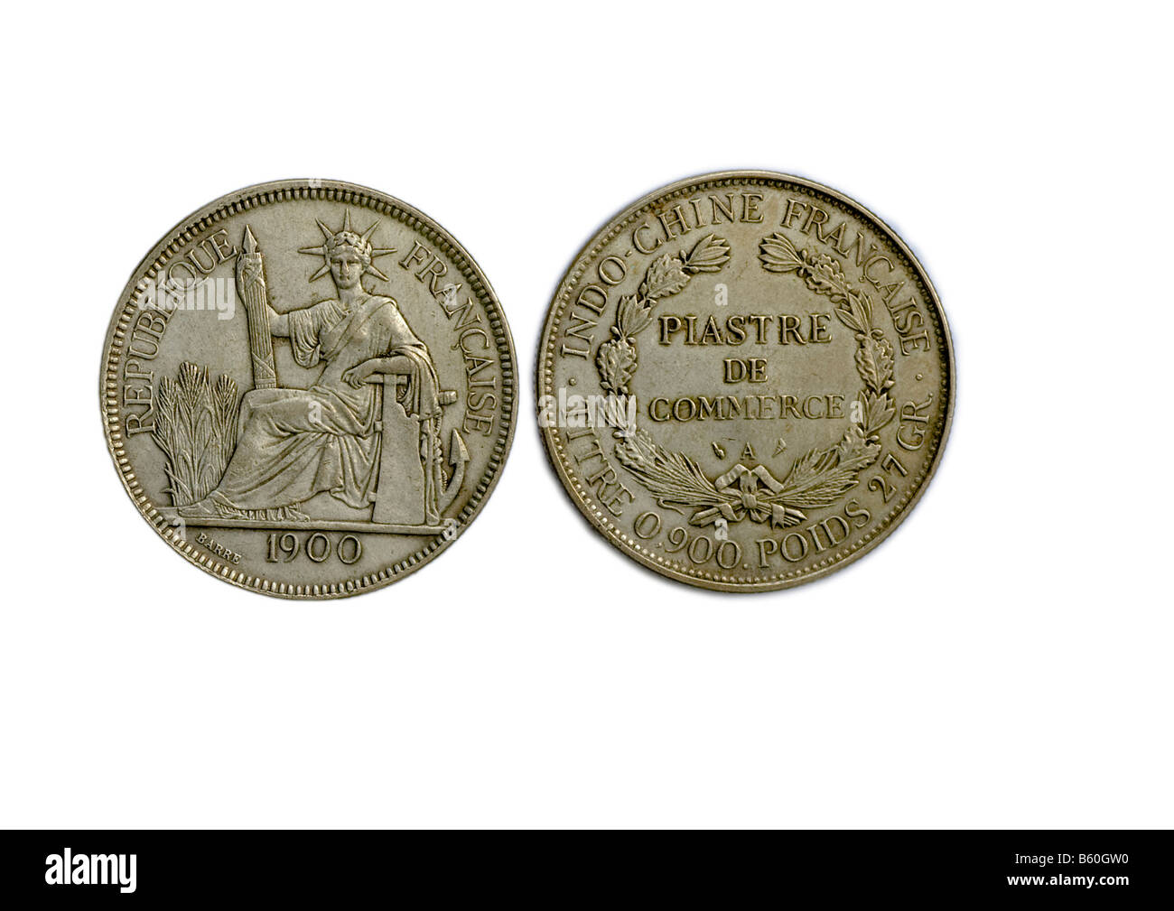 Vorder- und Rückseite einer alten Münze aus Indochina, 1900 Stockfoto