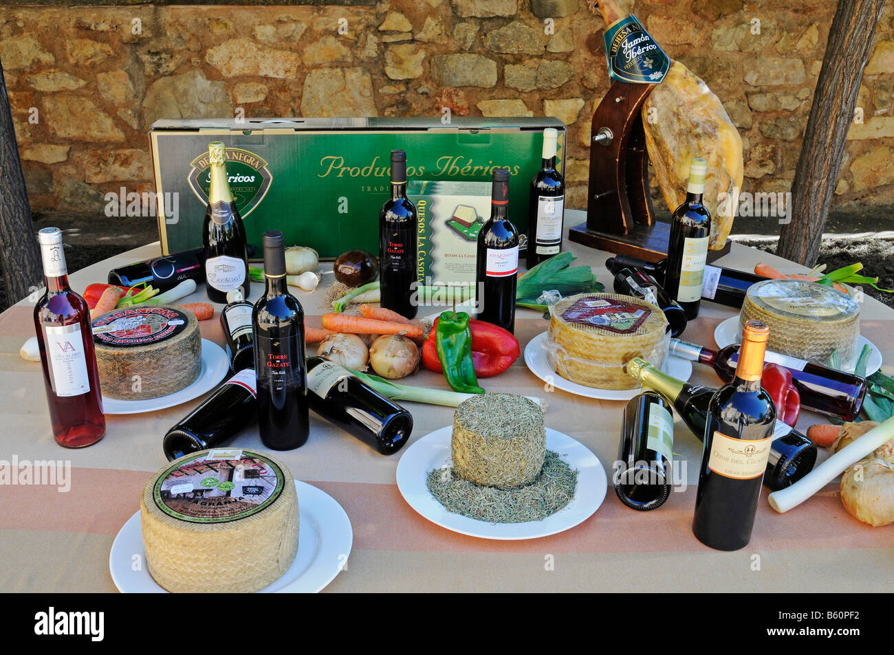 Käse, Schinken, Wein, Gemüse, Präsentation, Tisch, verschiedene typische regionale Spezialitäten, Produkte, Lebensmittel, Molina de Aragon Stockfoto