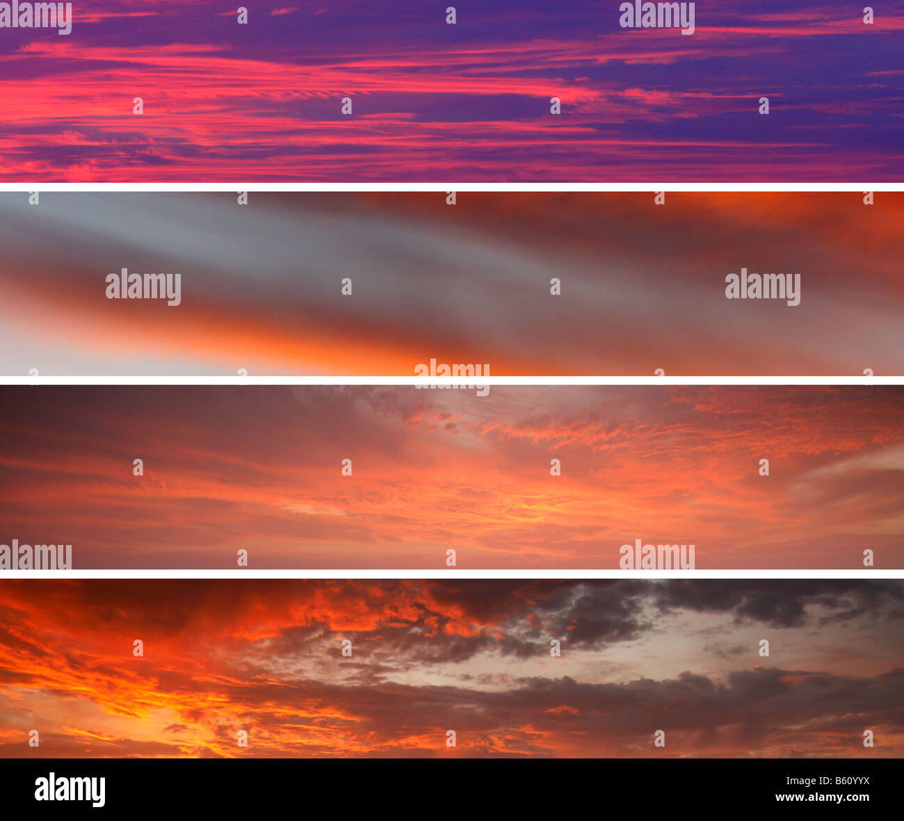 Zusammengesetztes Bild von Sky Muster und Farben von vier verschiedenen Sonnenuntergängen über dem Atlantischen Ozean Stockfoto