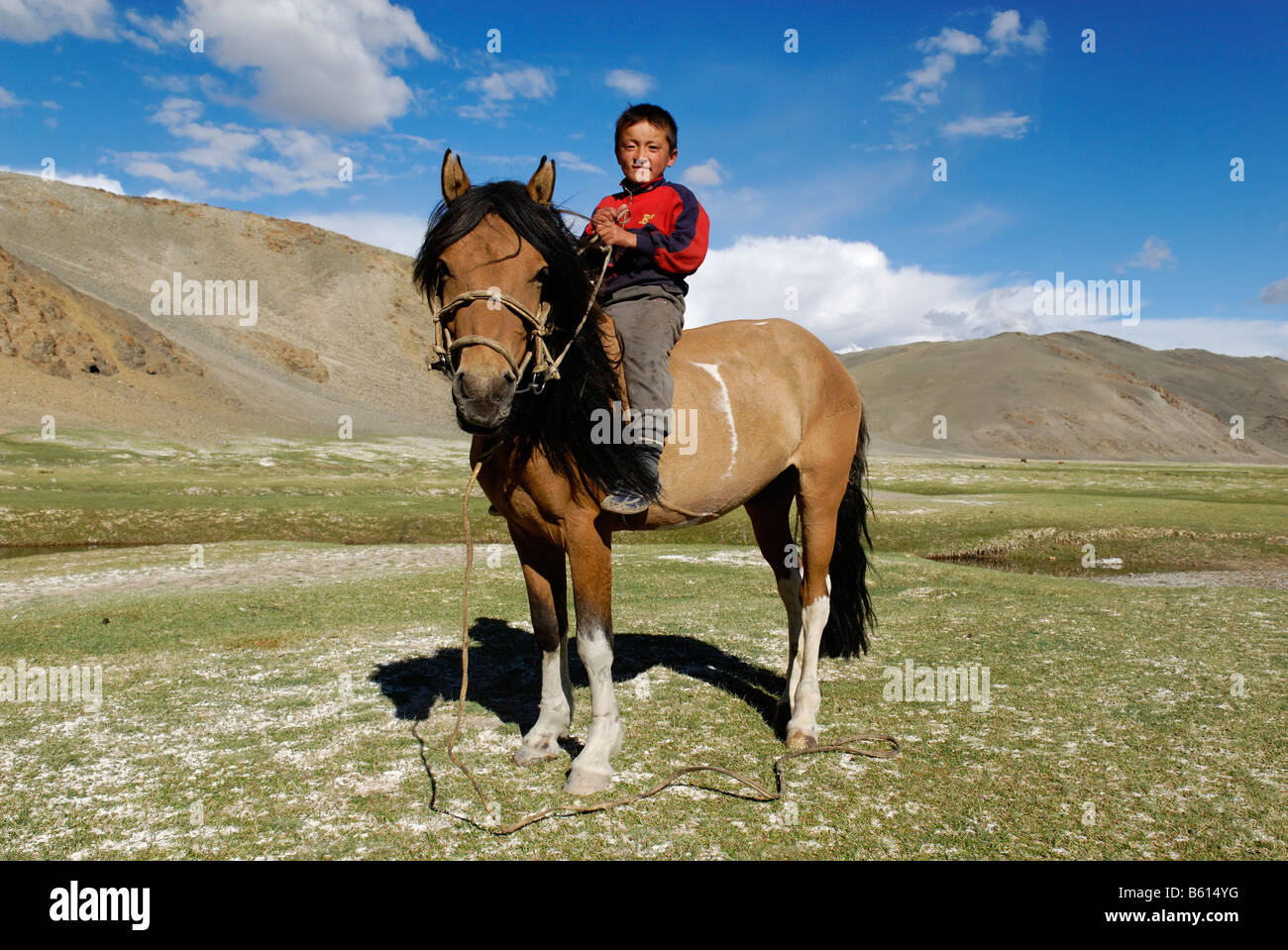 Kasachisch, mongolische Junge sitzt auf Pferd, Kasachstan, Mongolei, Asien Stockfoto