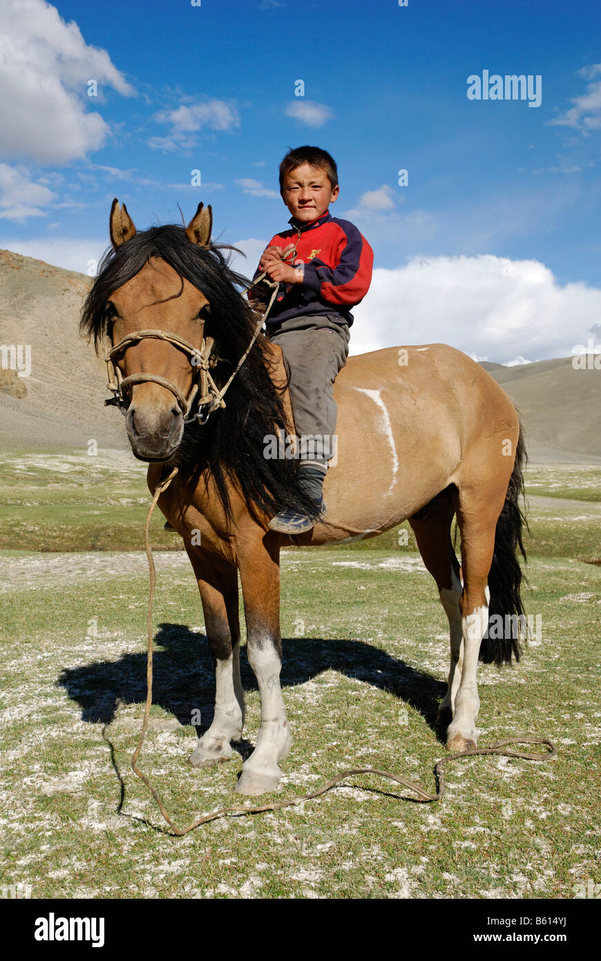 Kasachisch, mongolische Junge sitzt auf Pferd, Kasachstan, Mongolei, Asien Stockfoto