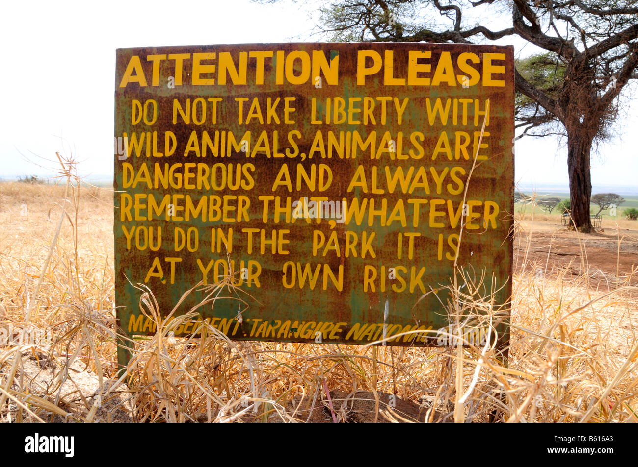 Schild Warnung vor wilden Tieren, Tarangire Nationalpark, Tansania, Afrika Stockfoto