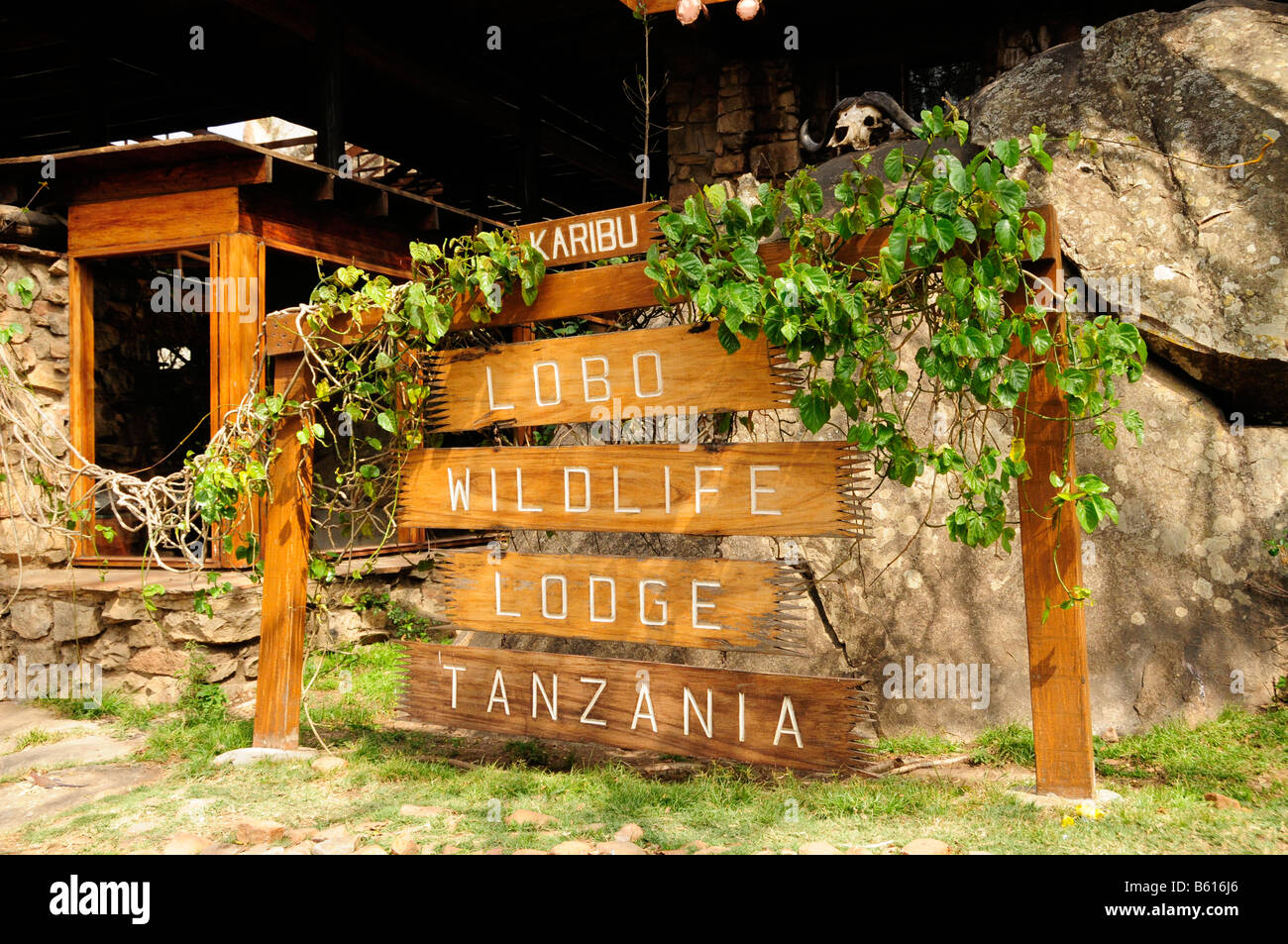 Melden Sie sich vor dem Lobo Wildlife Lodge, Serengeti Nationalpark, Tansania, Afrika Stockfoto