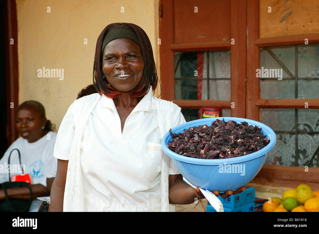 Frau mit einer Schüssel und bietet Ernährungsberatung, Frauen Bildungszentrum, Bamenda, Kamerun, Afrika Stockfoto