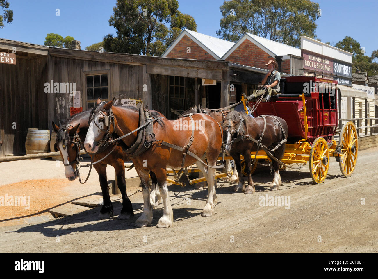 Historischen Coach und Pferde, vier-in-Hand, gold Bergbau Stadt Ballarat Museumsstadt, Victoria, Australien Stockfoto