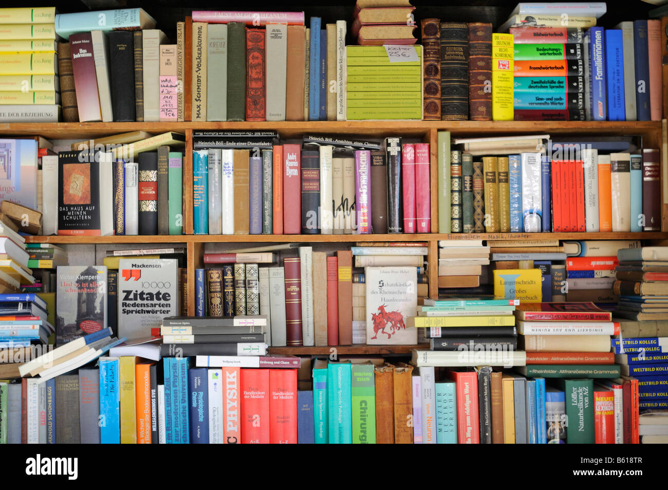 Gefüllte Bücherregale in einem Antiquariat Stockfoto
