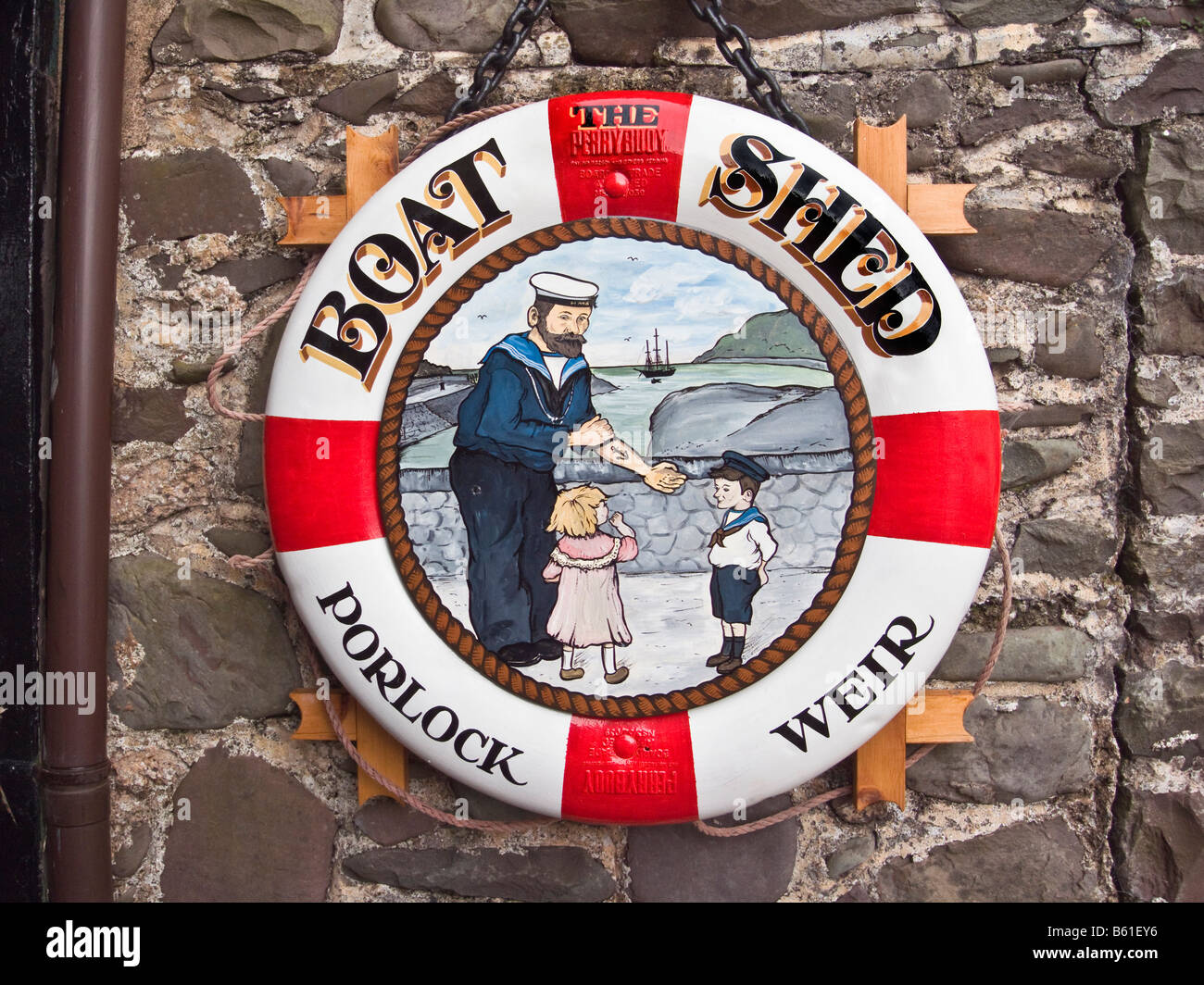Rettungsring Ladenschild in Porlock Weir Somerset England UK EU Stockfoto