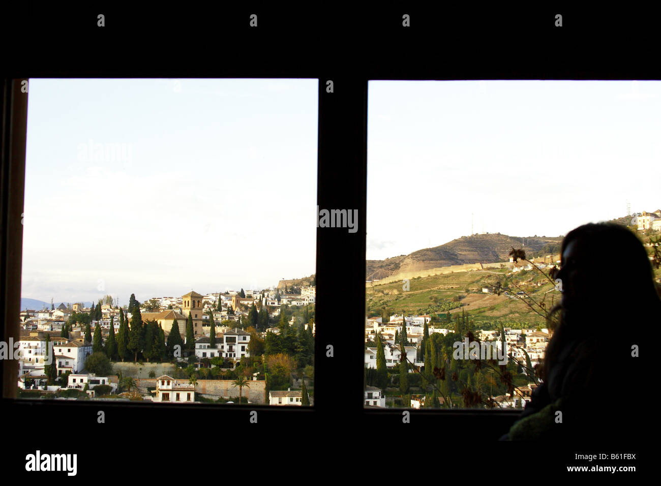 Albaycin Blick aus dem Fenster in die Alhambra, Granada, Spanien. Stockfoto