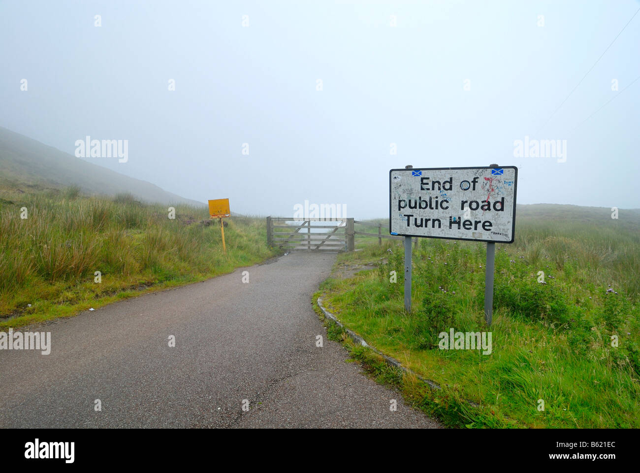 Melden Sie sich am Ende der Straße auf den Mull of Kintyre, Schottland, Großbritannien, Europa Stockfoto