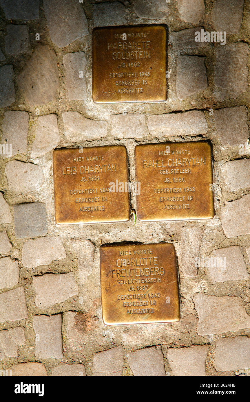 Gedenktafeln zur Erinnerung an Juden deportiert 1942/43, vor einem Haus ...