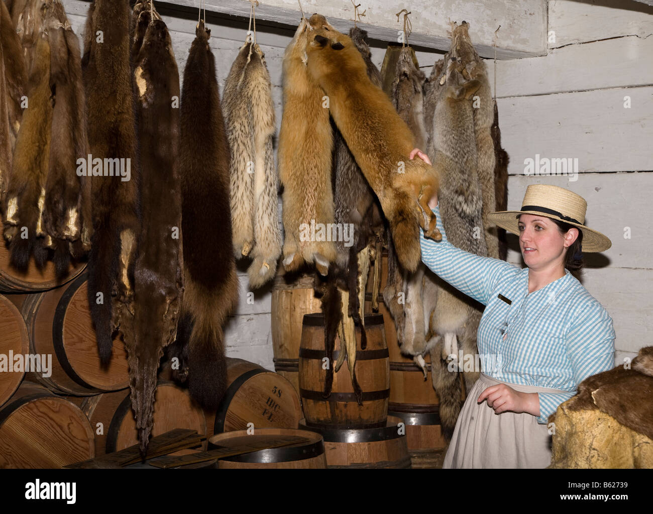 Frau Reiseleiter in historischen Kostümen mit Fuchs, Biber und andere Tierfelle in Hudson Bay Handelsposten Fort Langley Canada Stockfoto