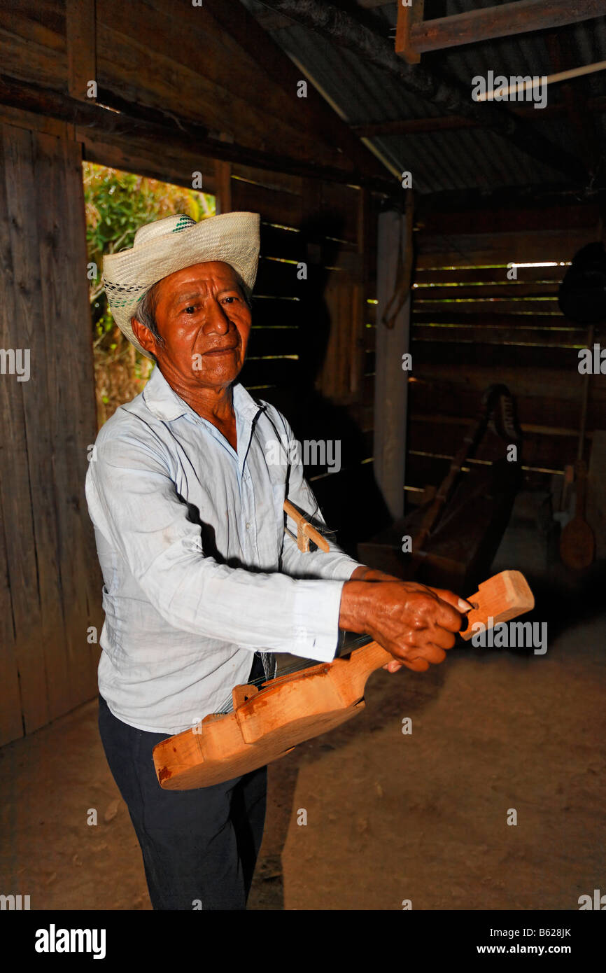 Mann, lokale Musiker, tuning, eine hausgemachte Instrument, Geige, Holzhütte, Punta Gorda, Belize, Mittelamerika Stockfoto