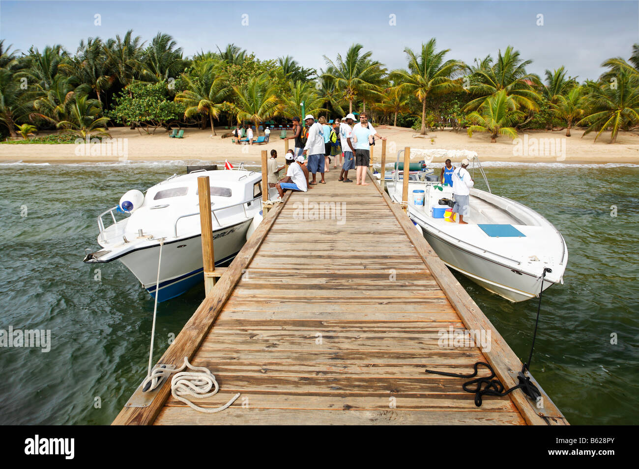 Mit Tauchbooten und Taucher vor einem Strand mit Palmen, Hamanasi Hotel, Hopkins, Dangria, Belize, Central Wharf Stockfoto