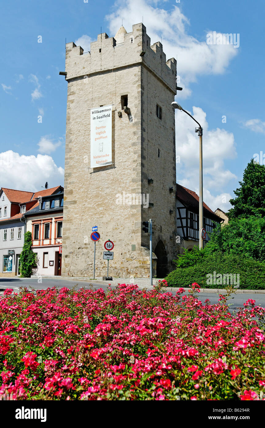 Historische Stadttor, Saalfeld an der Saale River, Thüringen, Deutschland, Europa Stockfoto