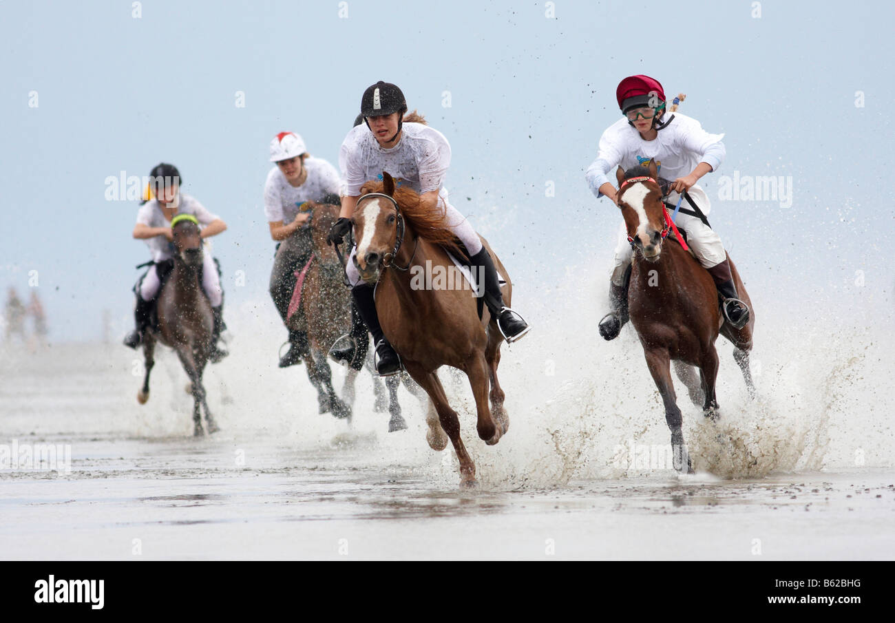 Reiter im Galopp, Duhner Wattrennen, Duhnen Trabrennen Rennen 2008, das einzige Pferderennen der Welt auf dem Meeresboden, Cuxhaven, Lo Stockfoto