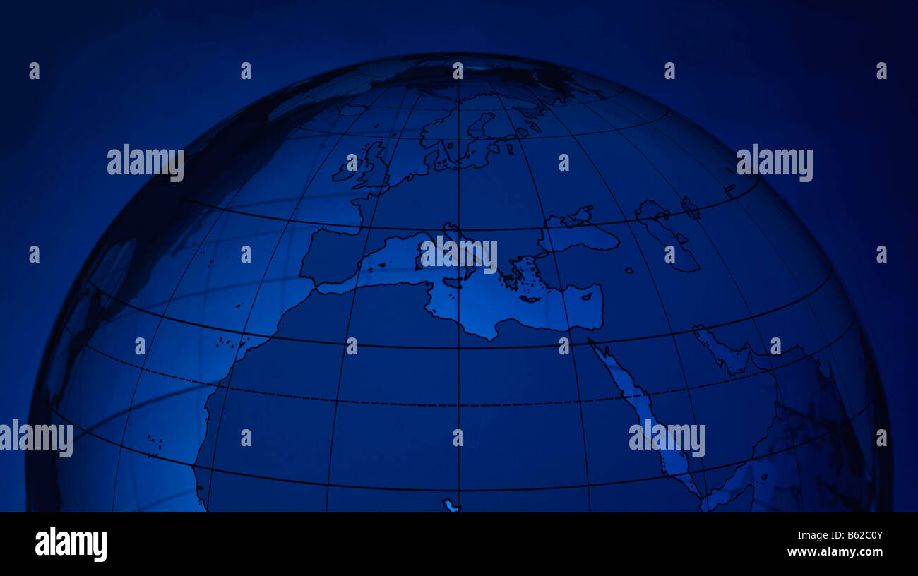 Transparenter Globus vor blauem Hintergrund, Nordhalbkugel Stockfoto