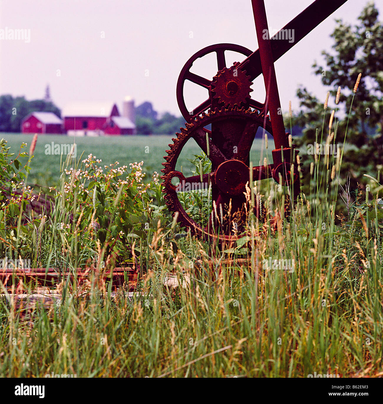 Bauernhof-Szene in ländlichen Ontario, Kanada rostigen Rad hautnah mit Hof und Weiden im Hintergrund Stockfoto