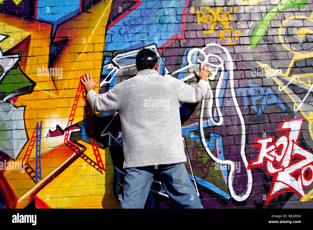 Ziegel-Malerei-Sprühfarbe trainieren Pendler Tal Graffiti an der Wand unterhalb einer Linie Kunst Wallart Gemeinschaft Projekt Eisenbahnnetz Stockfoto