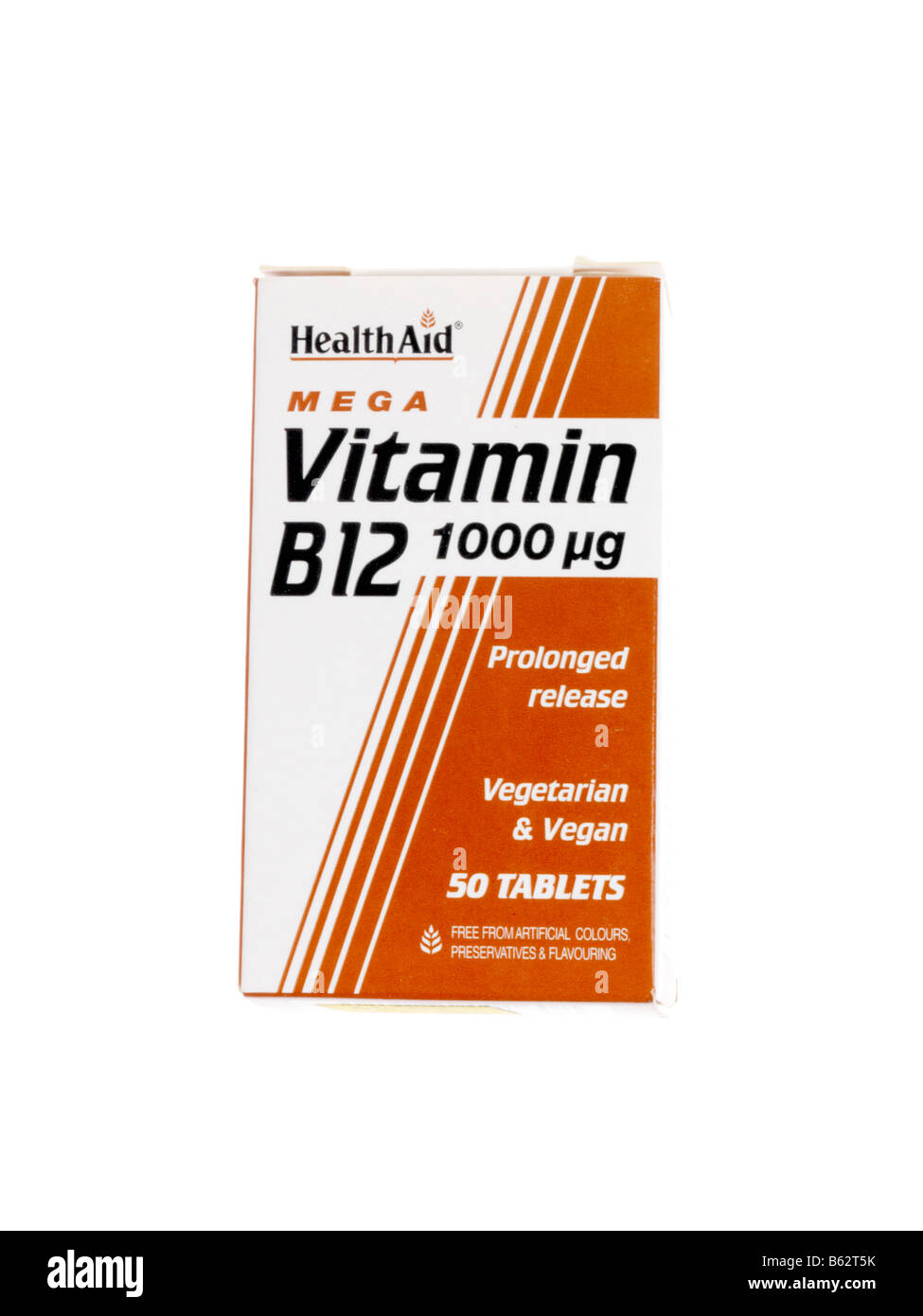 Branded Packaging Od Gesundheit Hilfe Vitamin B 12 Pillen oder Tabletten Für Veganer oder Vegetarier gegen einen weißen Hintergrund mit keine Menschen isoliert Stockfoto