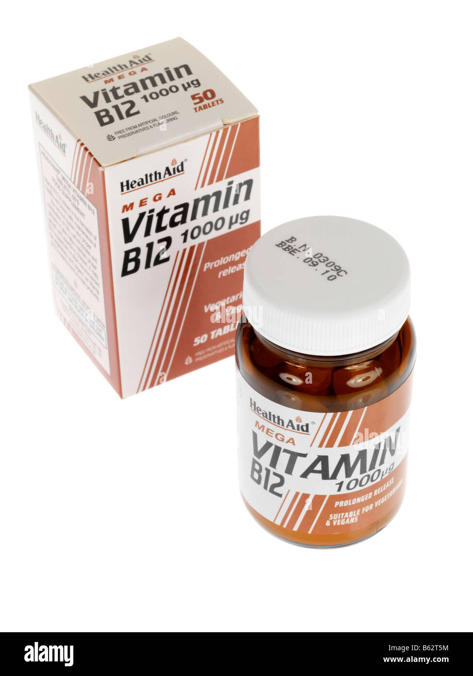 Branded Packaging Od Gesundheit Hilfe Vitamin B 12 Pillen oder Tabletten Für Veganer oder Vegetarier gegen einen weißen Hintergrund mit keine Menschen isoliert Stockfoto