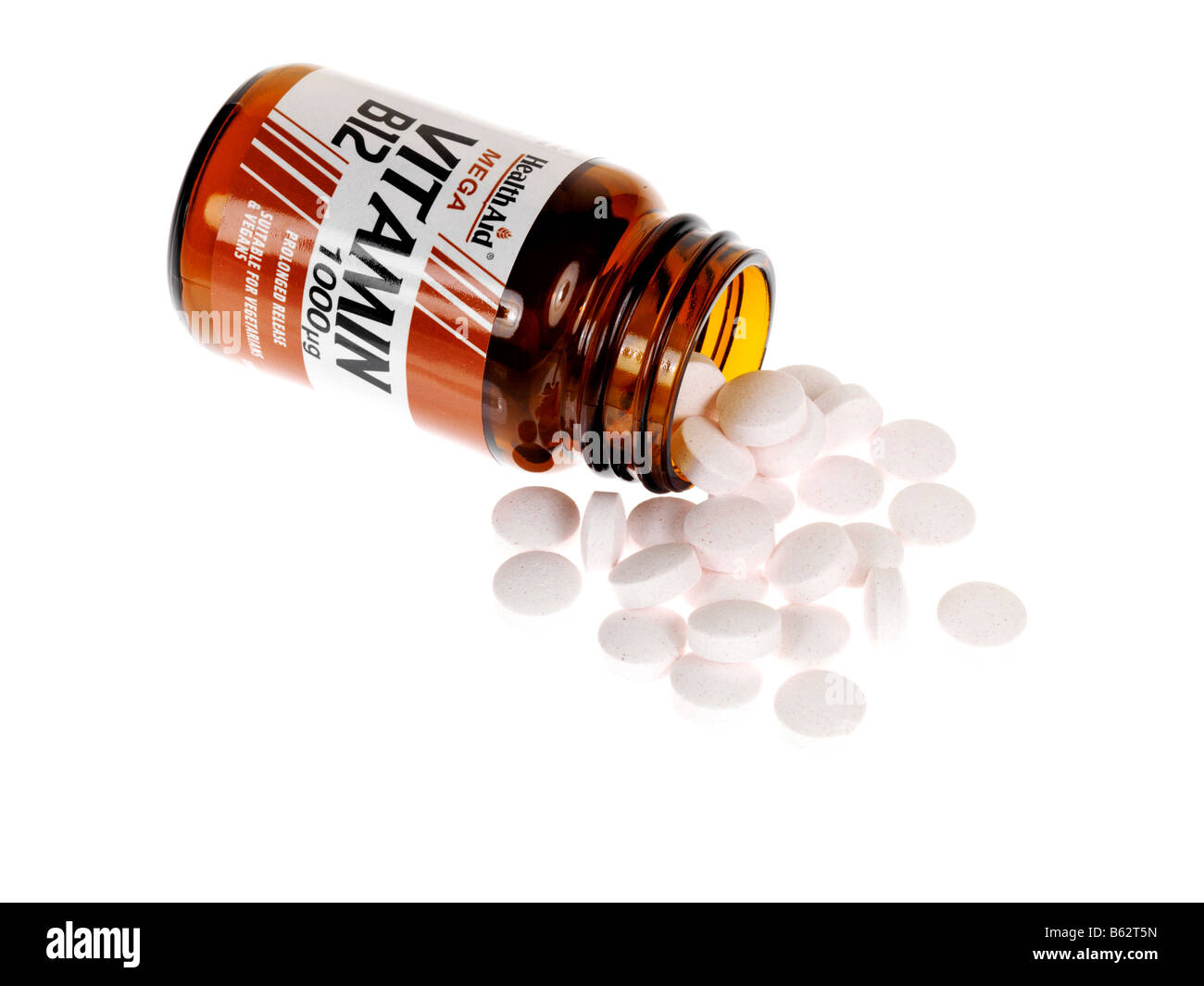 Branded Packaging Od Gesundheit Hilfe Vitamin B 12 Pillen oder Tabletten Für Veganer oder Vegetarier gegen einen weißen Hintergrund mit keine Menschen isoliert Stockfoto