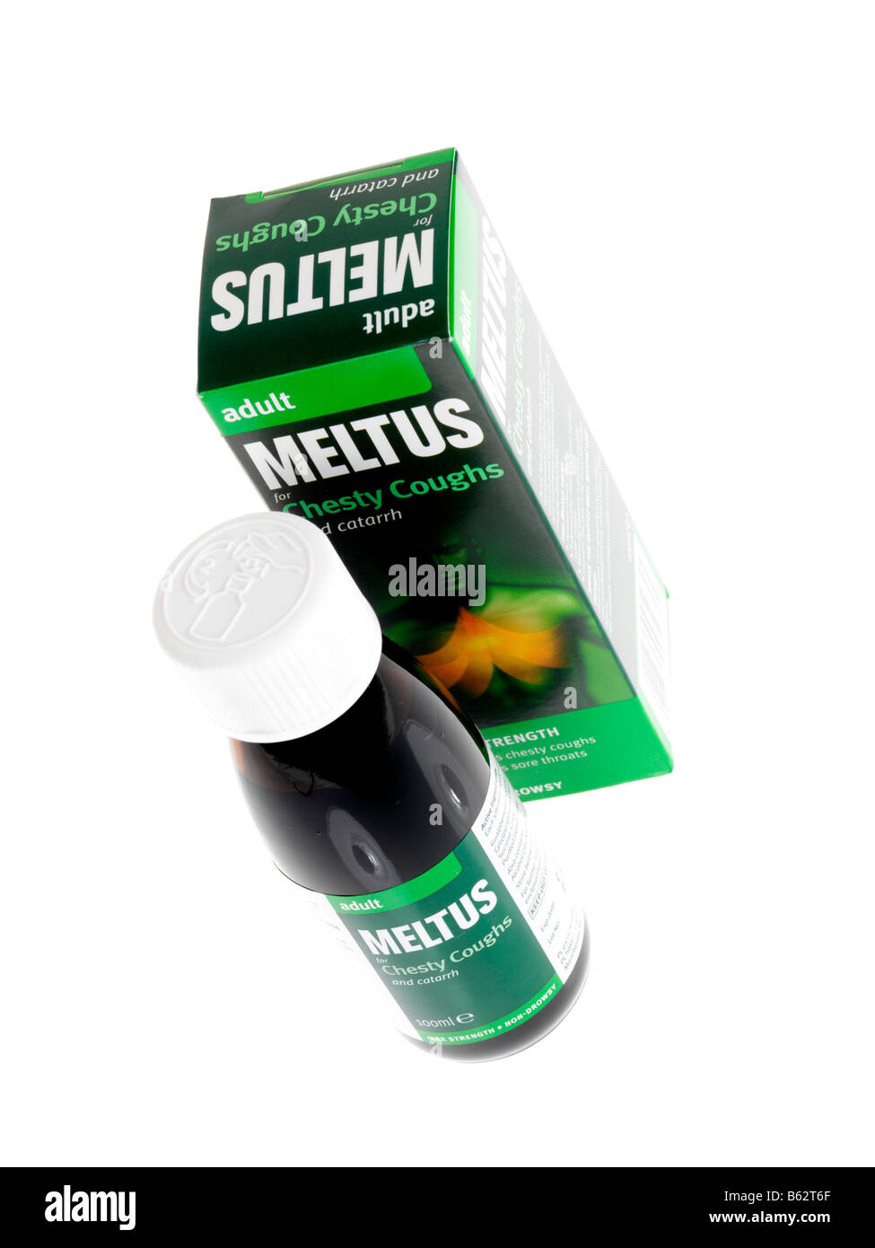 Verpackung für Meltus Chesty Husten Medizin Sirup gegen einen weißen Hintergrund mit keine Menschen und einen Freistellungspfad isoliert Branded Stockfoto