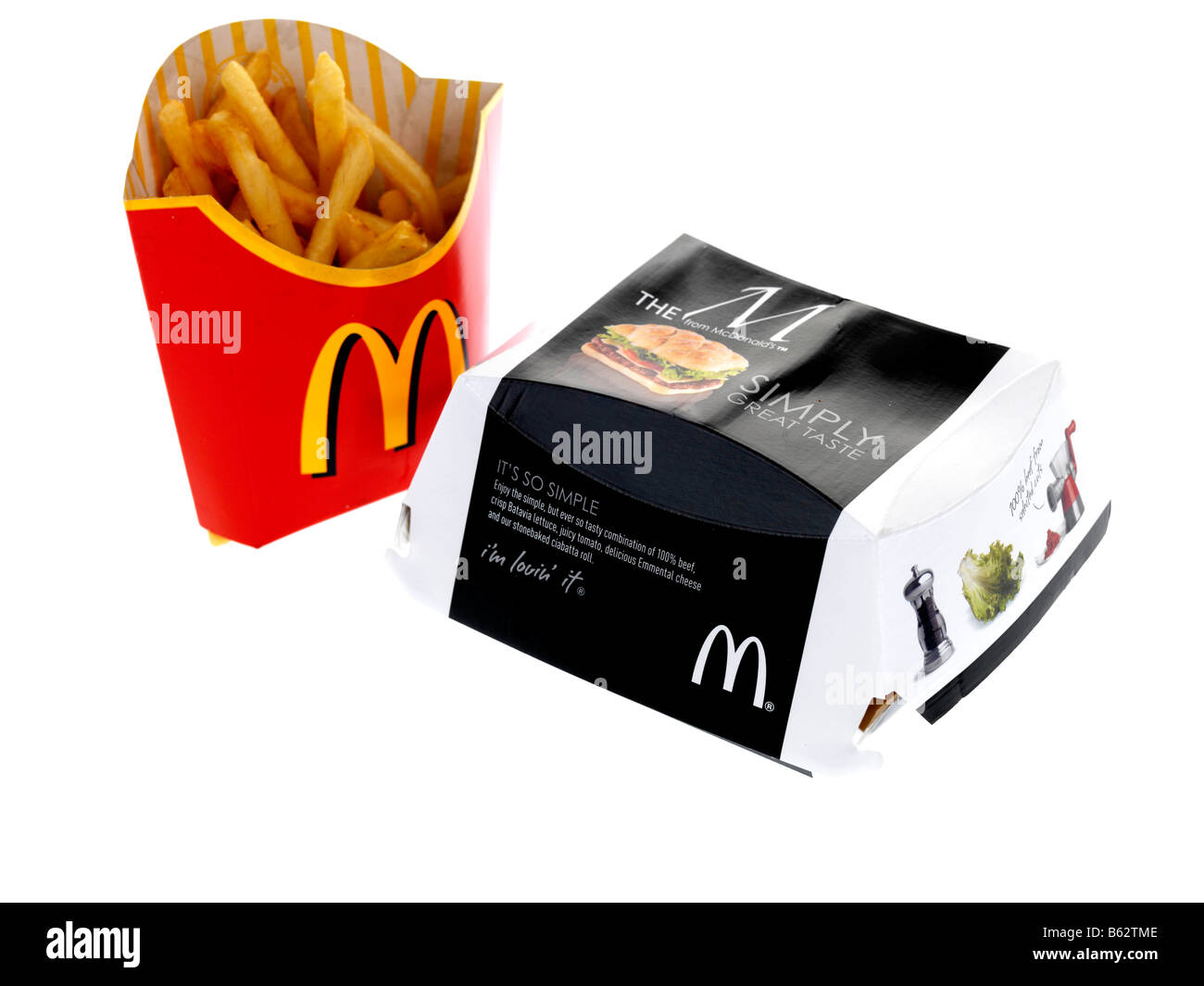 McDonalds-M-Burger mit Pommes frites Stockfoto