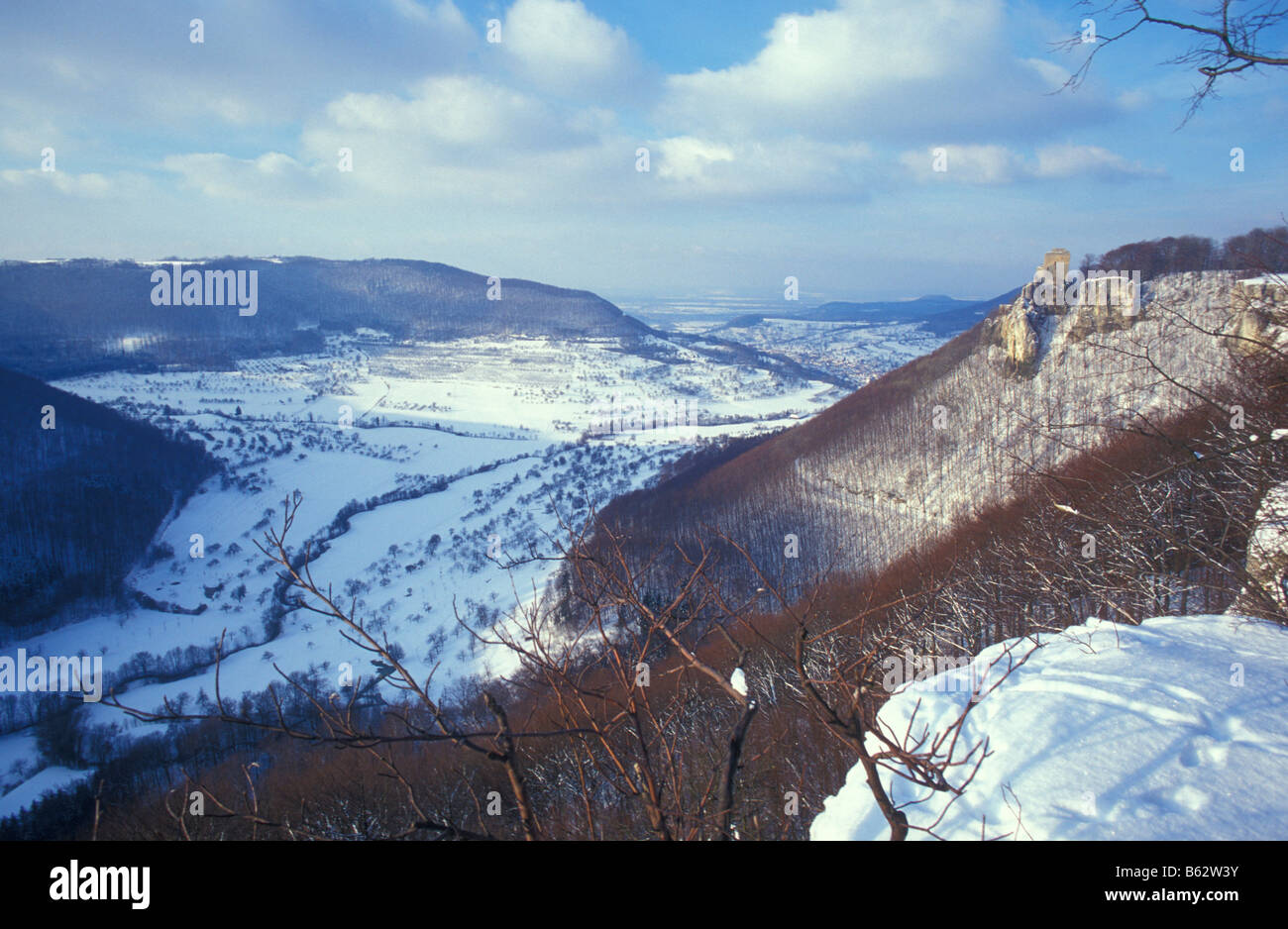 Burg Ruine Reussenstein, Winter, Schnee, Schwäbische Alb, Baden-Württemberg, Deutschland Stockfoto