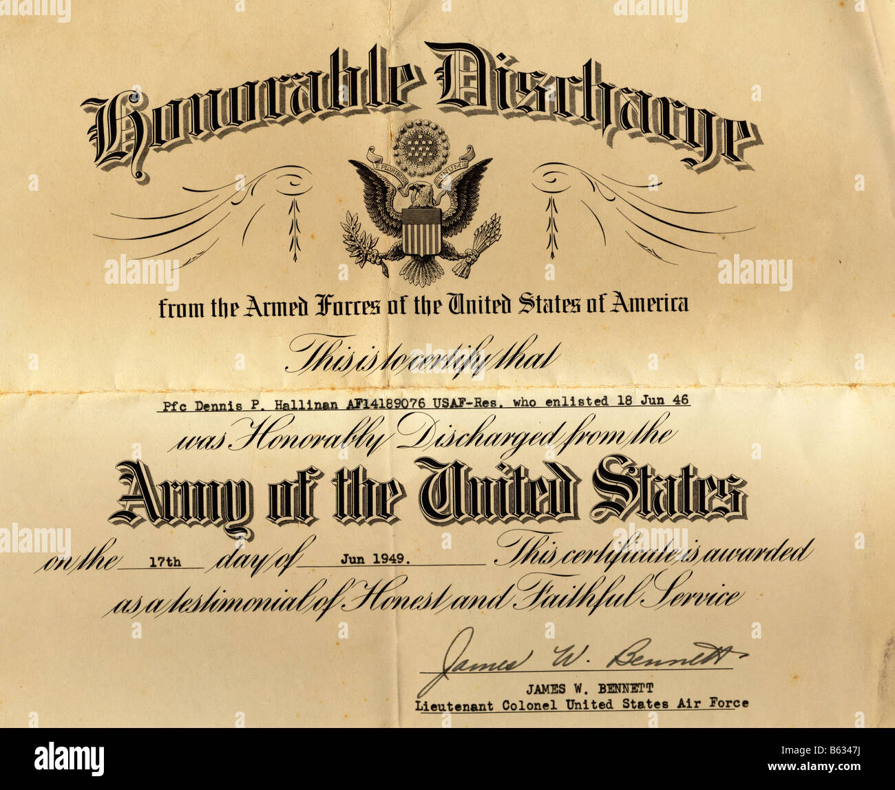 Vereinigte Staaten Armee ehrenhafte Entlassung Dokument Stockfoto