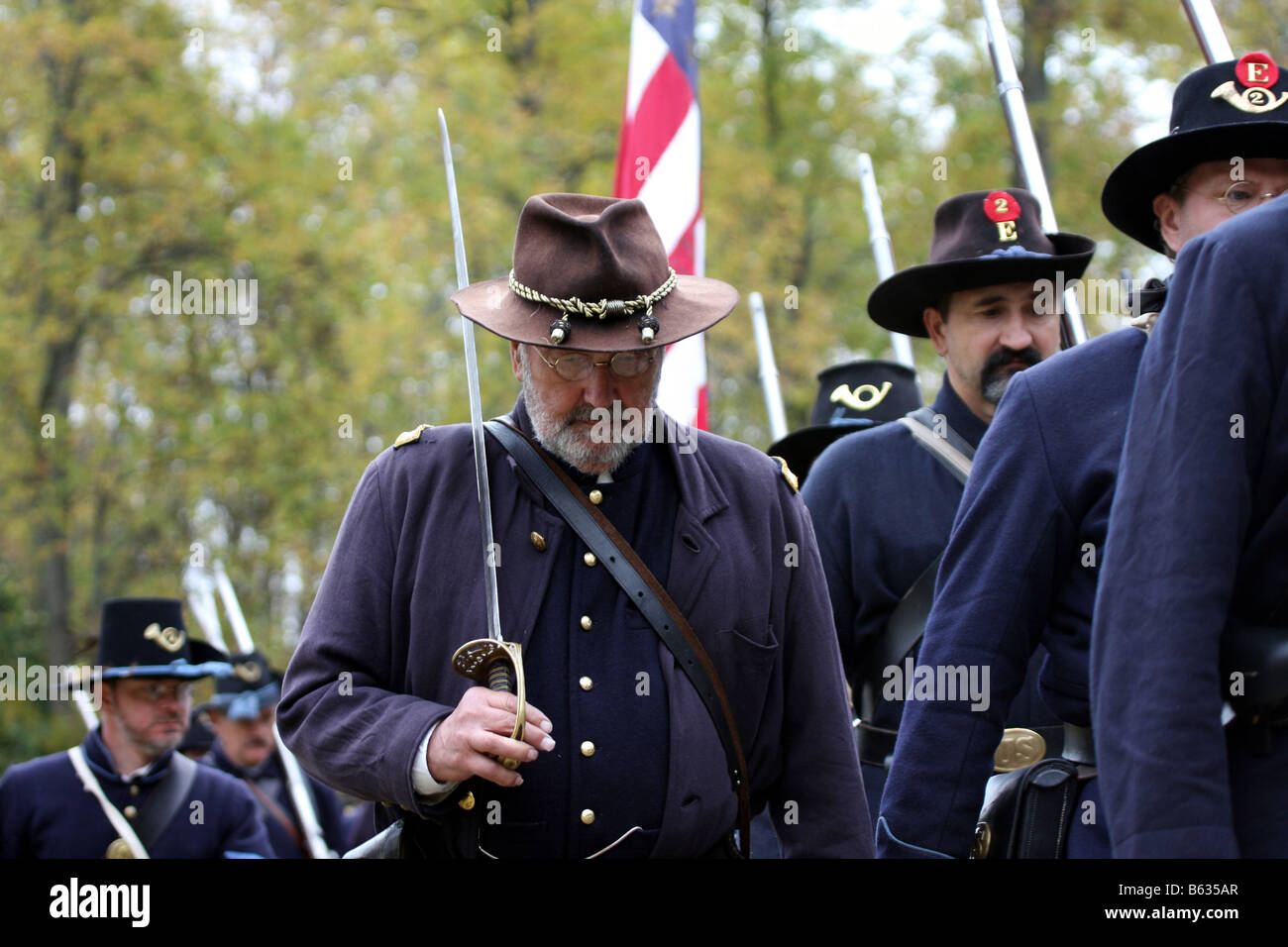Union Soldaten marschieren in die Civil War Reenactment an der Wade Haus Greenbush-Wisconsin Stockfoto