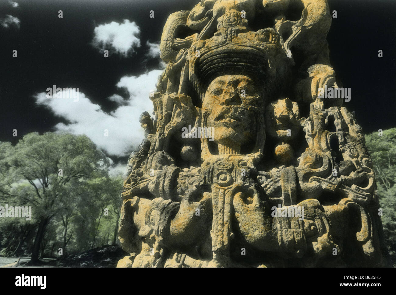 Honduras Copan Maya Website Stele, handkolorierten Schwarzweißdruck Stockfoto
