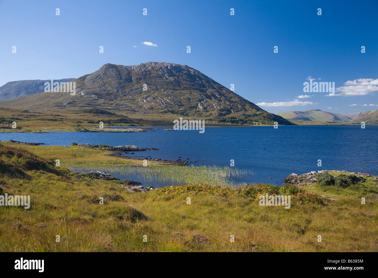 Lackavrea Berg am nordwestlichen Ufer des Lough Corrib. Maumturk Mountains, Connemara, County Galway, Irland. Stockfoto