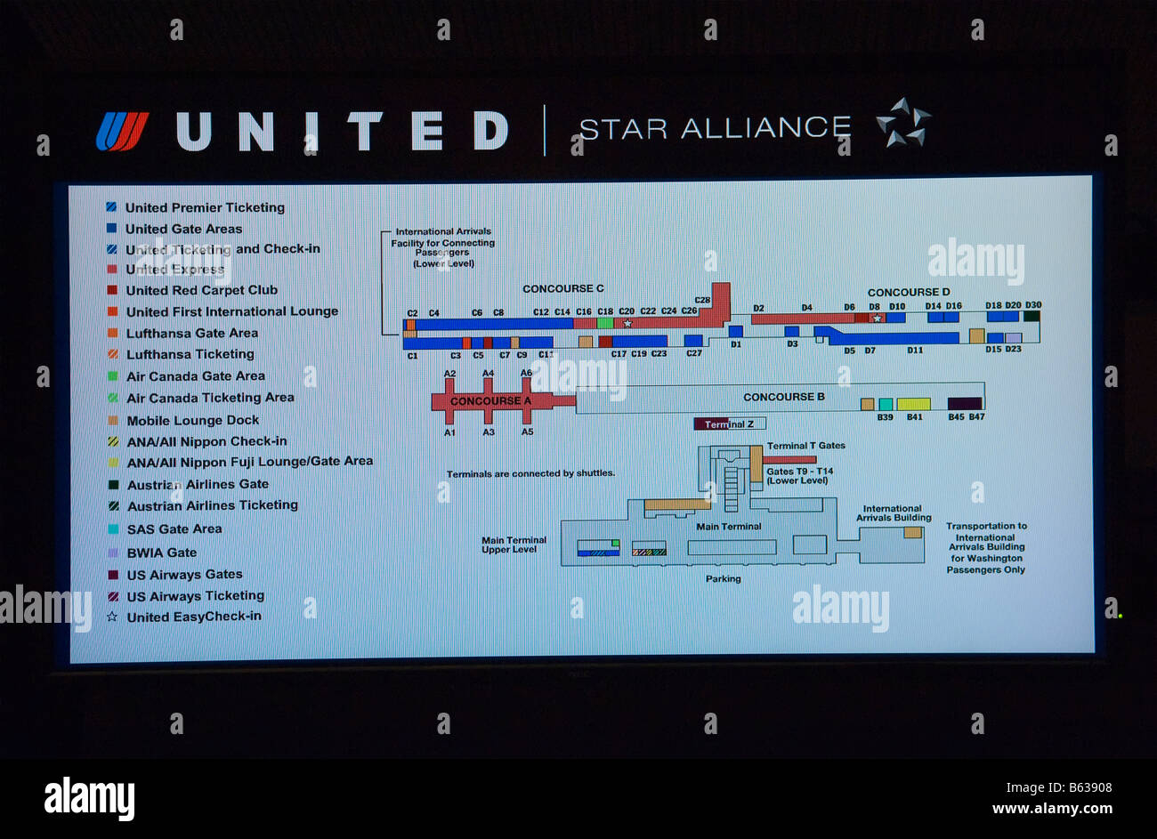 LCD-Monitor zeigt Layout von Washington Dulles Flughafen-Terminals. Stockfoto