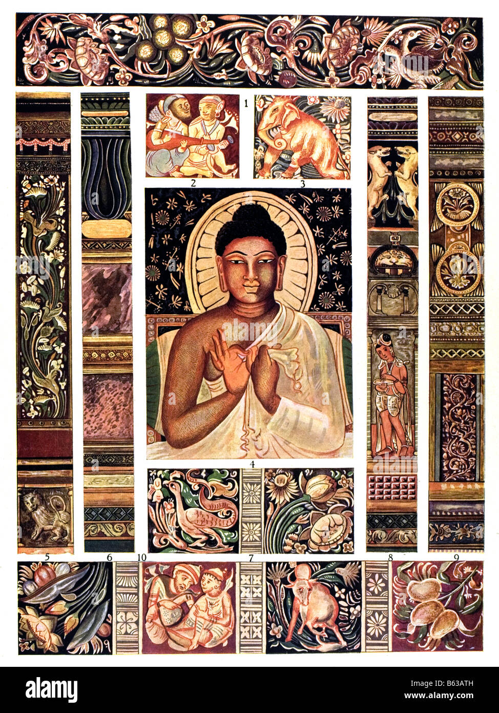 Das buddhistische Ornament in Indien / Gemälde von Rock-Tempel von Ajnta, 6. Jahrhundert n. Chr. Stockfoto