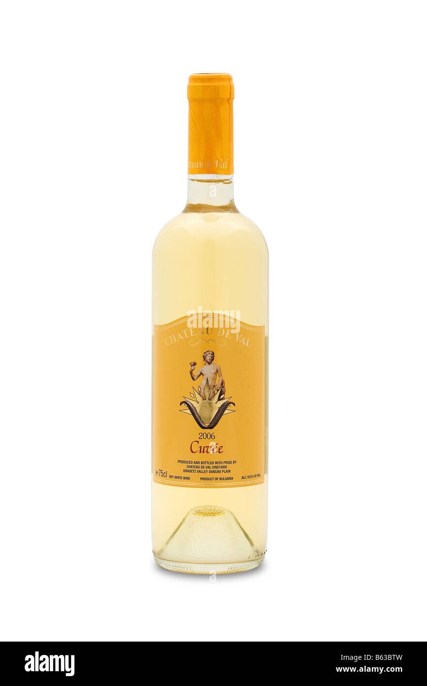 Chateau de Val Cuvée Bulgarien trockenen weißen Wein Gradetz Donau schlicht golden Heu Gelb Farbe greeny Nuancen Gemüse Honig Kaffee Stockfoto