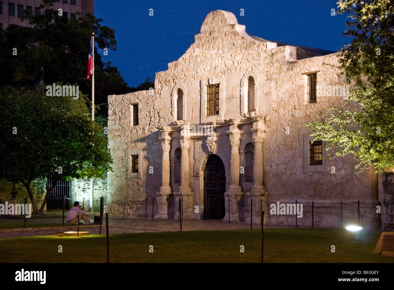 San Antonio Missionen, The Alamo (AKA Mission San Antonio de Valero), State Historic Site in der Nacht Stockfoto