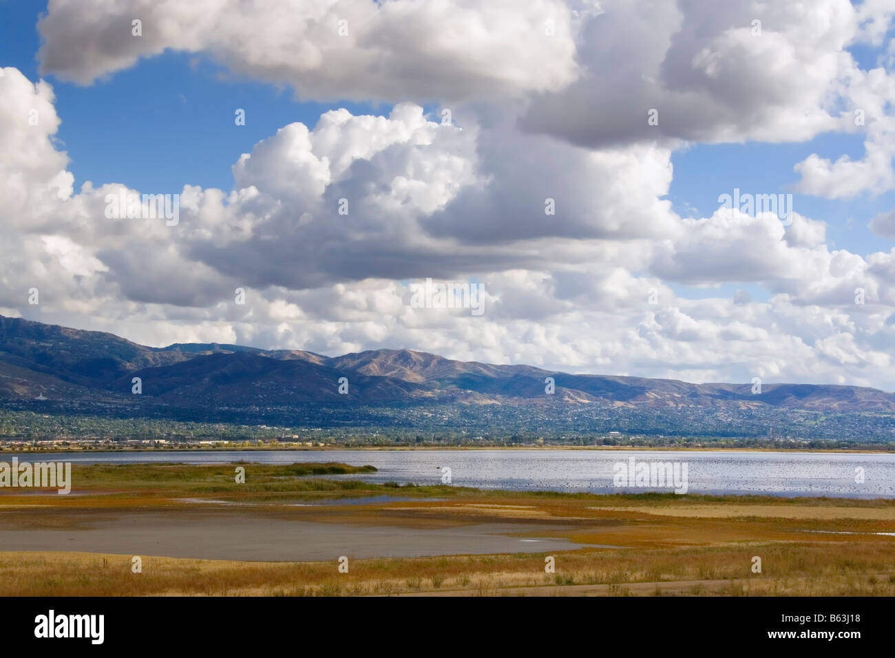 Farmington Bay Vogel Zuflucht auf dem großen Salzsee mit der Stadt von Bountiful Utah im Hintergrund Stockfoto