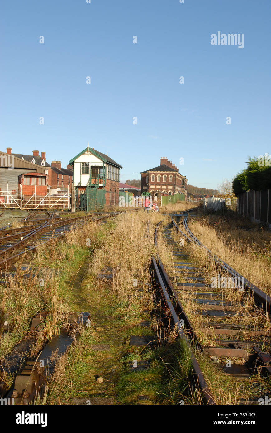 Der ehemalige Bahnhof Oswestry und Signal box in Shropshire Stockfoto